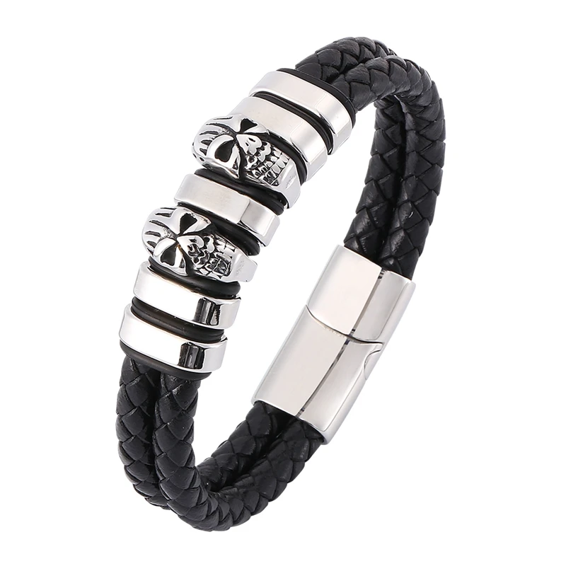 

Double Braided Leather Bracelet Man Jewelry Punk Stainless Steel Skull Bracelet Men Magnetic Clasp Vintage Leather Bangle SP0366