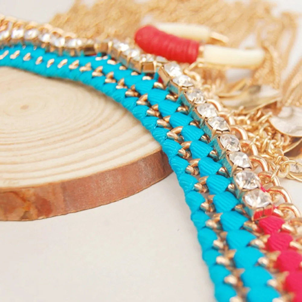 New Fashion Big Woven Long Tassels Choker Necklace Vintage Ox Horn wafer Maxi Statement Women Jewelry #277147 | Украшения и