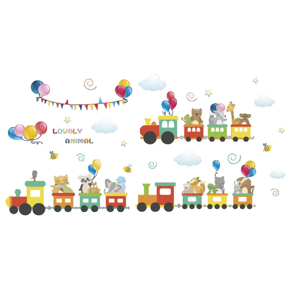% happy animals cat train balloon wall stickers for children kids rooms bedroom colorful decals room decor | Дом и сад