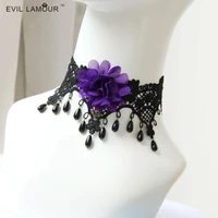 princess gothic lolita accessories vintage purple yarn flower lace necklace female false collar black drop short necklace jl 137