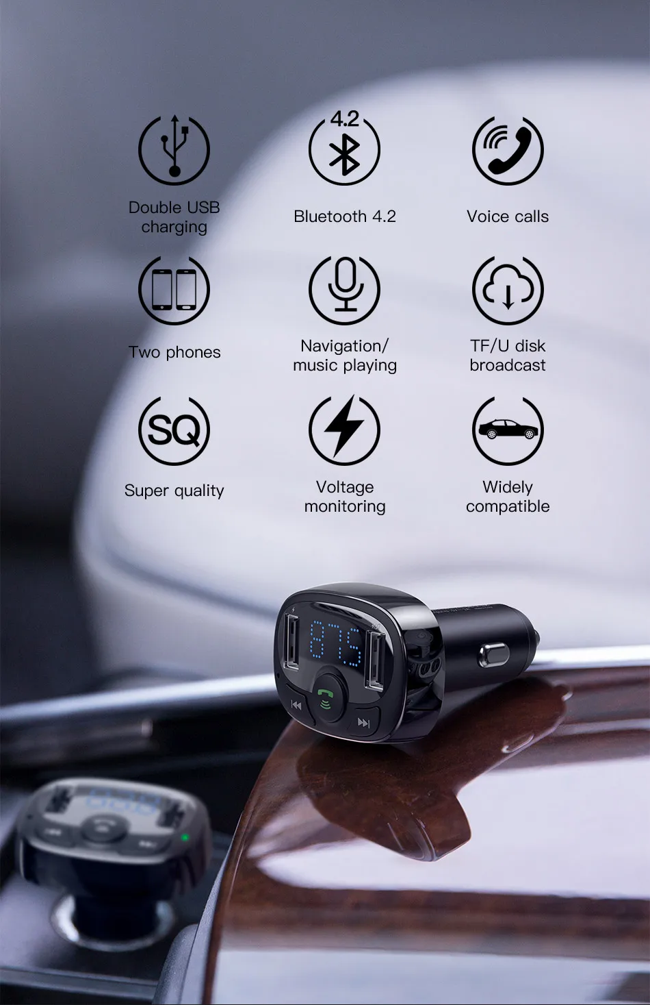 Baseus Dual USB Автомобильное зарядное устройство с fm-передатчиком Bluetooth Handsfree FM модулятор зарядное устройство для телефона в автомобиле для iPhone Xiaomi HUAWEI