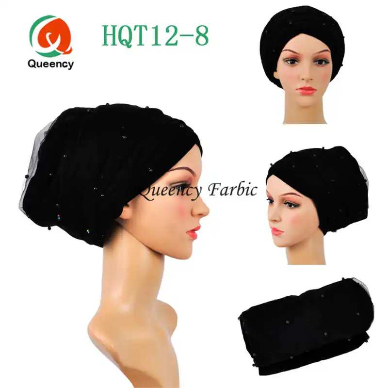 

HQT12 Sale African turbon gele hot african headtie 9colors women turban headwrap african scraf with beads net headtie