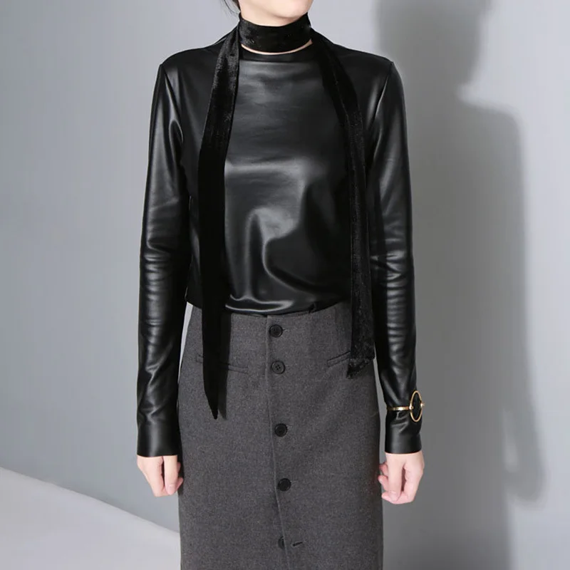 Женская Блестящая футболка CHICEVER из искусственной кожи с длинным рукавом