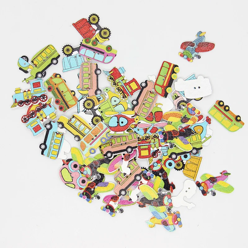 

Wholesale 50PCs Random Mixed Decorative Buttons Lovely Conveyance 2 Holes Mixed Sewing Wooden Buttons Flatblck Scrapbooking