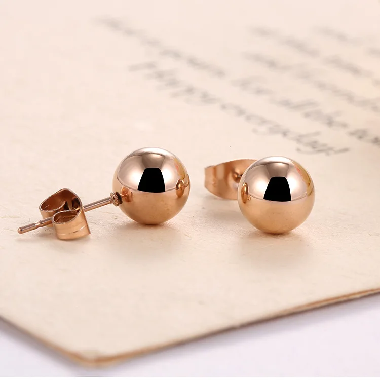 Classic Rose Gold Titanium Steel Glossy Ball Stud Earrings 8/6/4mm Round Beads Anniversary Jewelry For Women JE18115 | Украшения и