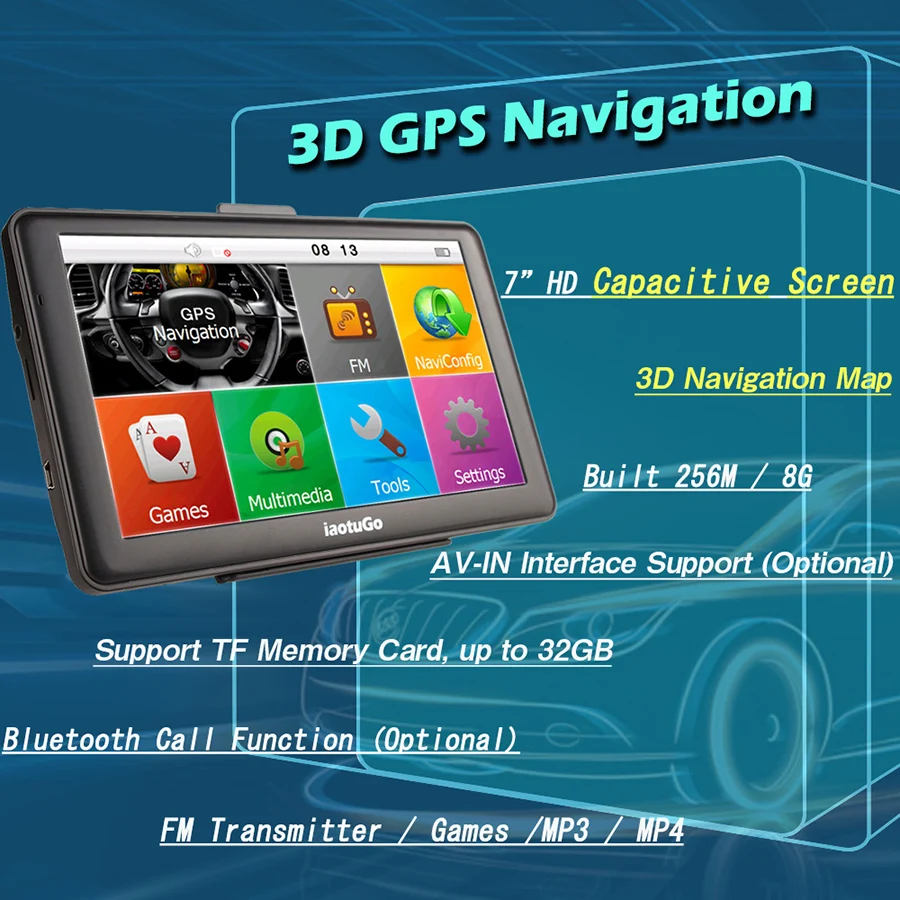 IaotuGo 7 дюймов емкостный gps автомобильный навигатор 256,8G, Bluetooth AV-IN HD 800*480 ЕС/США карты грузовиков бесплатное обновление