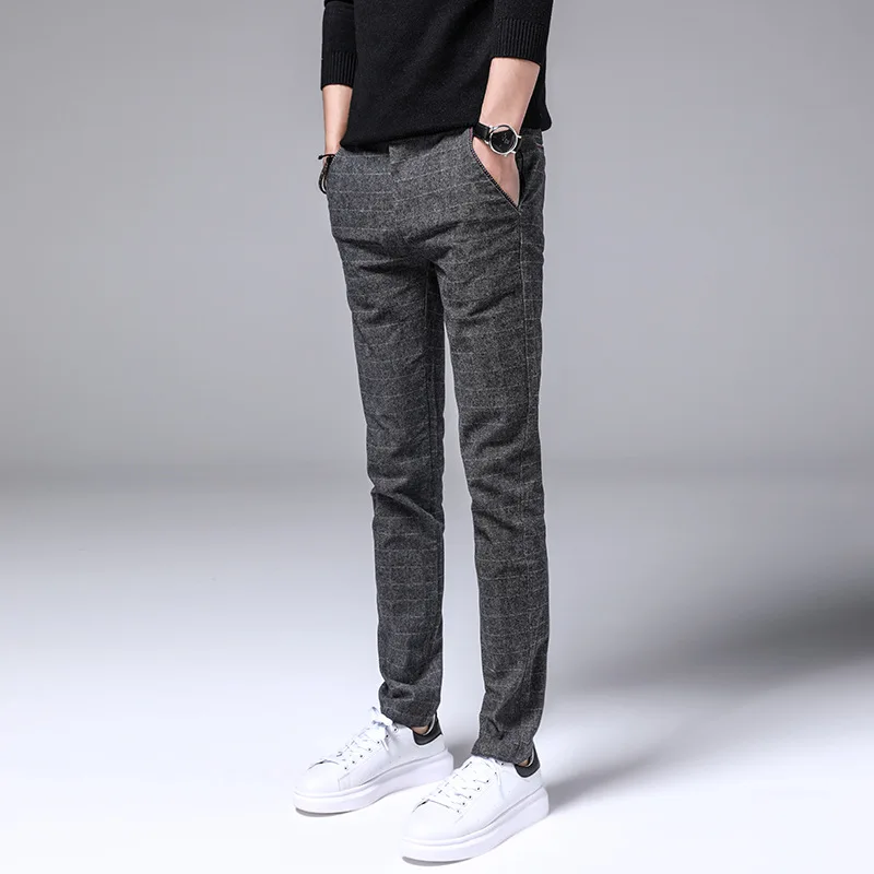 Новые мужские брюки клетчатые длинные повседневные хлопковые тонкие прямые