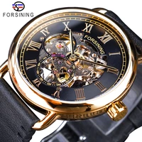forsining classic black golden openwork watches skeleton mens mechanical wristwatches top brand luxury black genuine leather