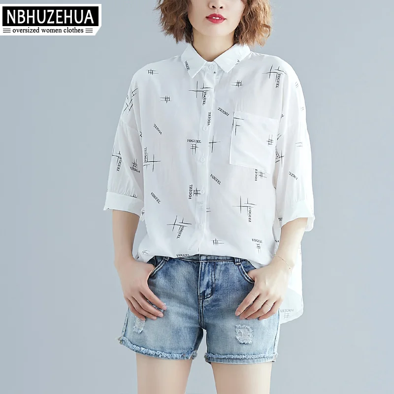 NBHUZEHUA размера плюс рубашки для женщин 4XL 5XL короткий рукав корейская мода печать