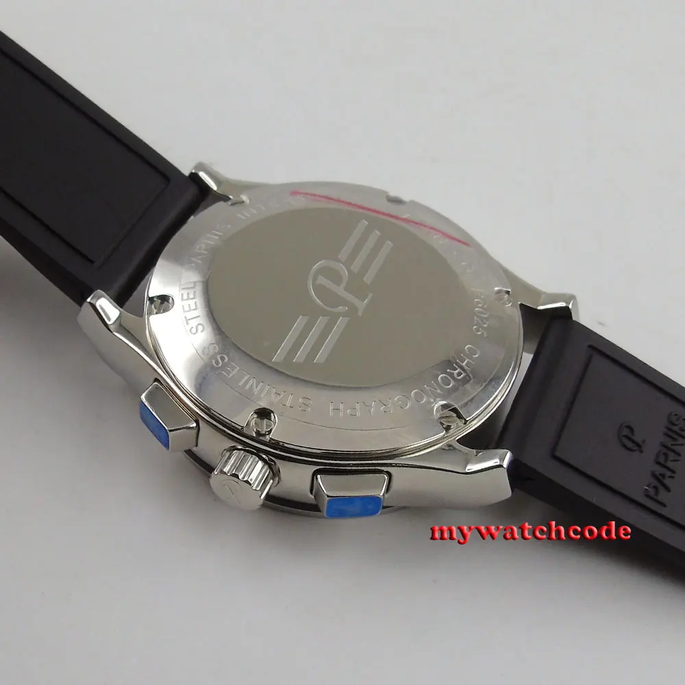 Мужские кварцевые часы parnis 44 мм с белым циферблатом и резиновым ремешком полным