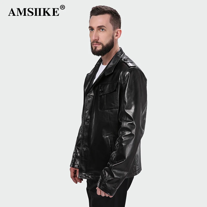 AMSIIKE Мужская Чёрная Кожаная Куртка Воротник Стойка A13256