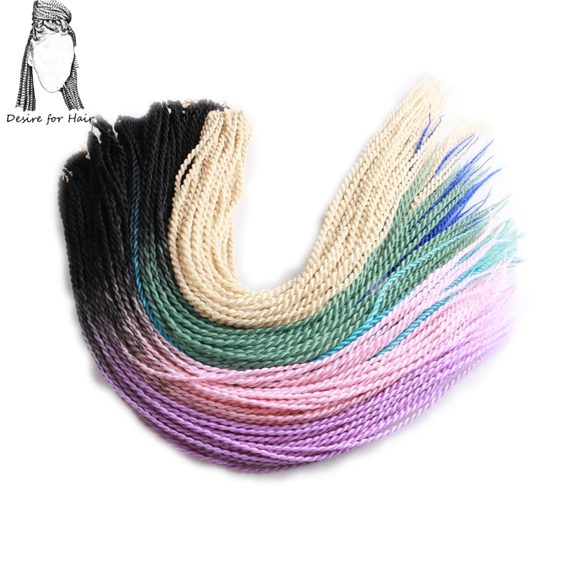 Desire for hair 24 дюйма, 100 г, 24-30 прядей в упаковке, синтетические, ombre, голубой, сиреневый цвет, предварительно вязанные, 2X Сенегальские скрученные косички
