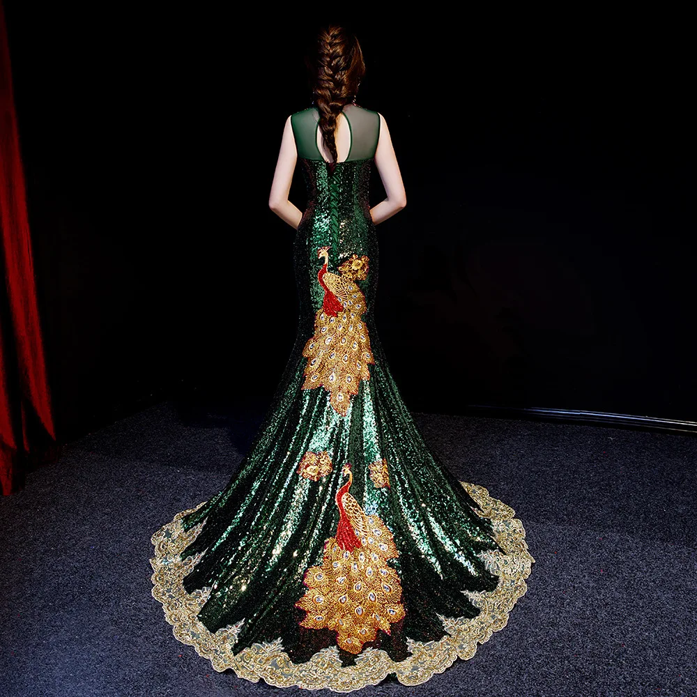 

Green Embroidery Diamonds Oriental Evening Dress Women Elegant Tailing Satin Chinese Cheongsam Wedding Robe Chinoise Femme