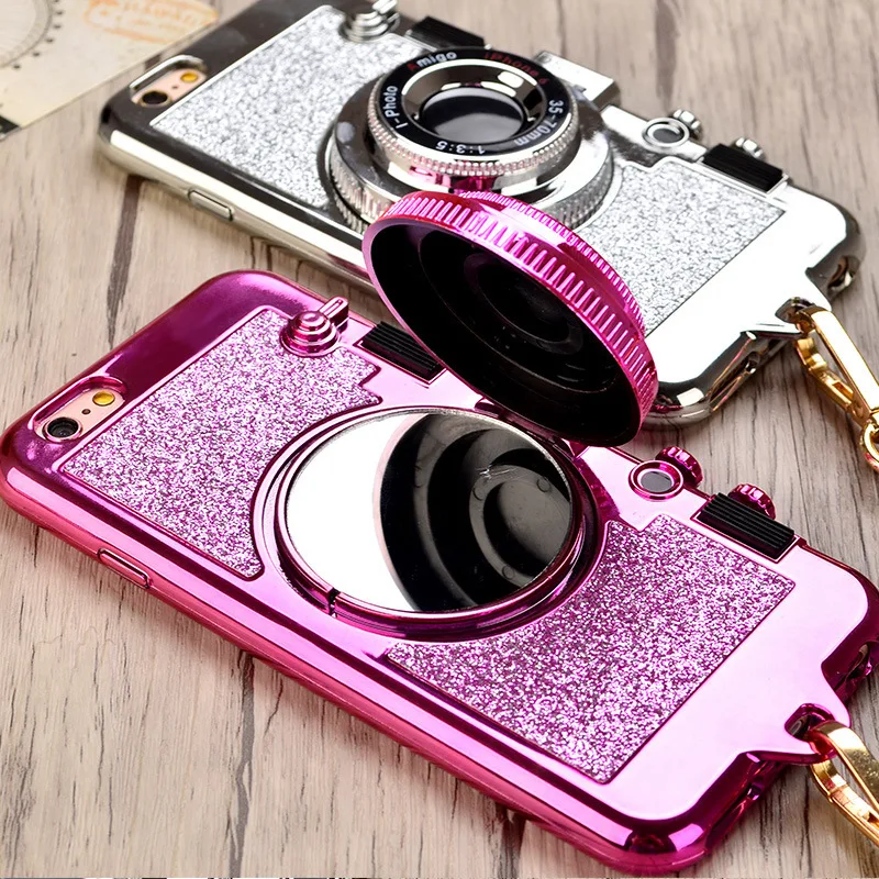 MYSUN 3D Camera Case For iPhone 7 Plus 8 Luxury Plating TPU+PC Kickstand Cover With Lanyard 6 6SPlus Mirror Capa |