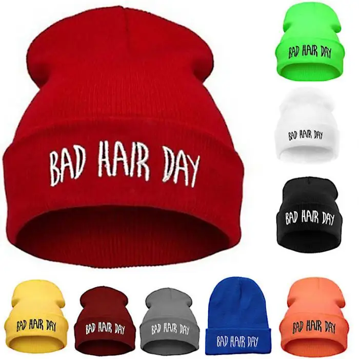 Модные спортивные теплые зимние шапки с надписью «Bad Hair Day», шапки бини для женщин и мужчин, вязаные шапки в стиле хип-хоп, шапки унисекс