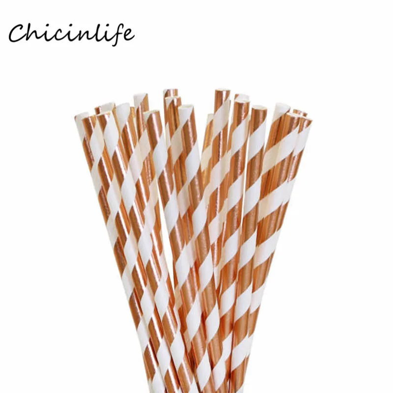 Striped Chicinlife, 25 шт., розовая Золотая соломенная бумажная соломинка для питья, дня рождения, вечеринки - Цвет: Striped