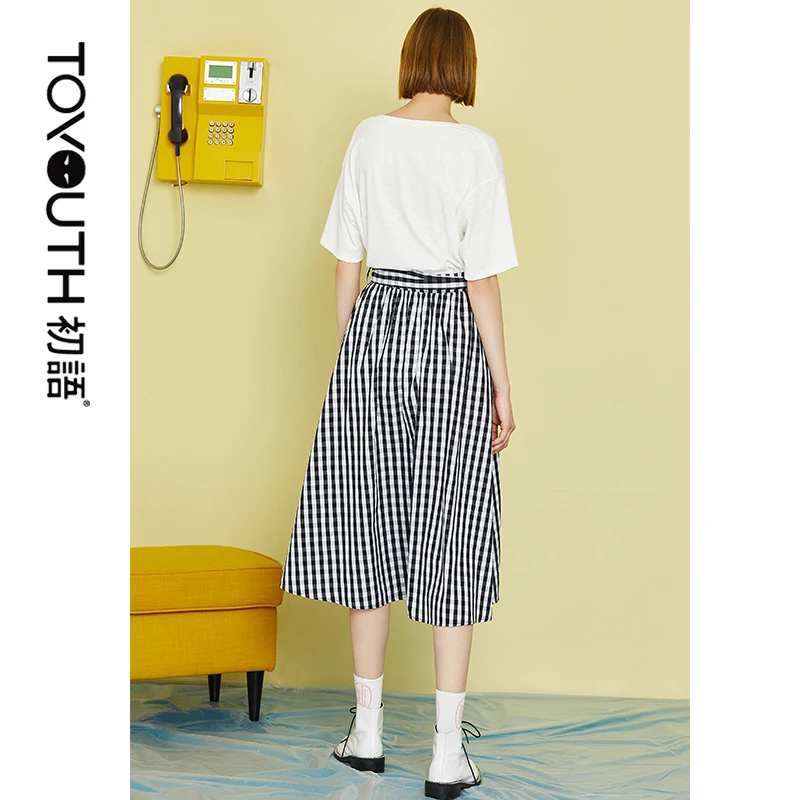 Женская длинная юбка в клетку с бантом и завышенной талией | одежда