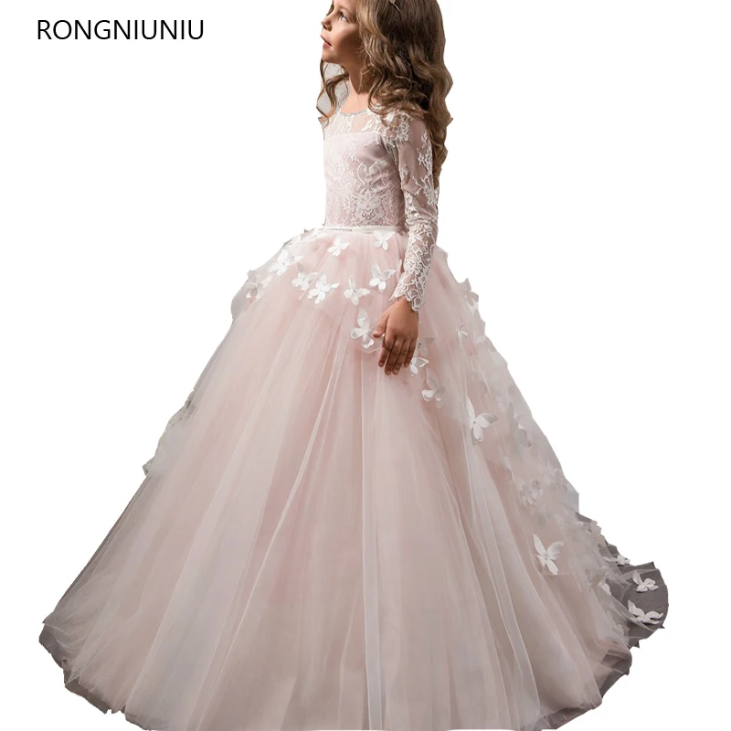 

Elegant Girl Pageant Dresses 2019 Butterfly Ball Gown Kids Graduation Dresses Tulle Lace Applique Holy Communion Fomal Dress