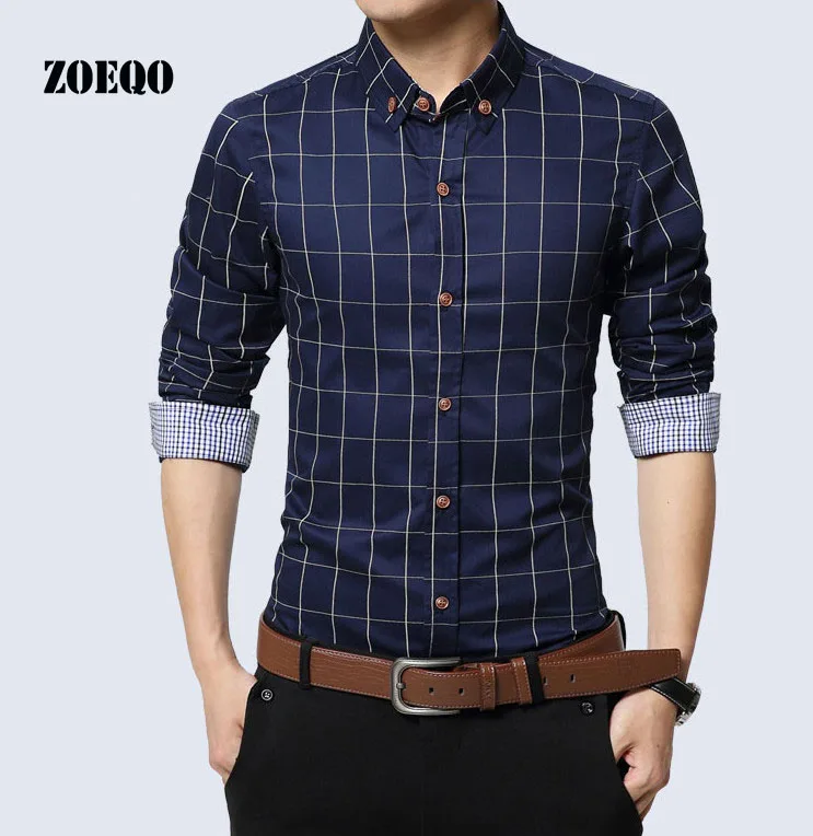 

ZOEQO New fashion Autumn Men Clothes Slim Fit Long Sleeve Shirt Mens Plaid Cotton Casual Shirts Social Plus Size M-5XL