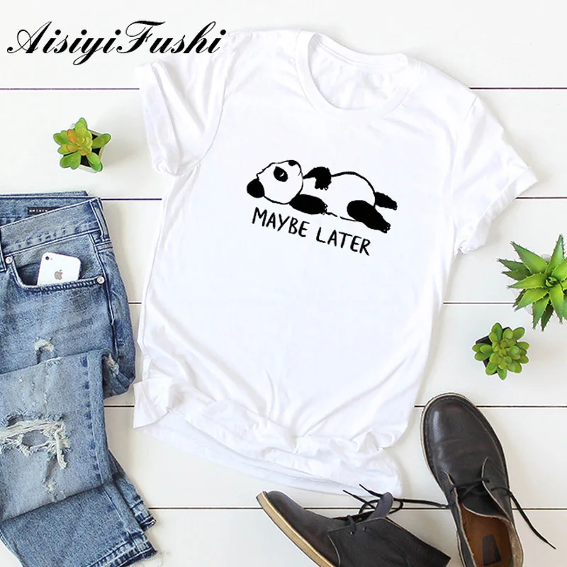 Aisiyifushi Cotton Harajuku Cartoon Panda Print T Shirt Women Summer Casual Solid Round Neck Short Sleeve Plus Size 5XL | Женская одежда