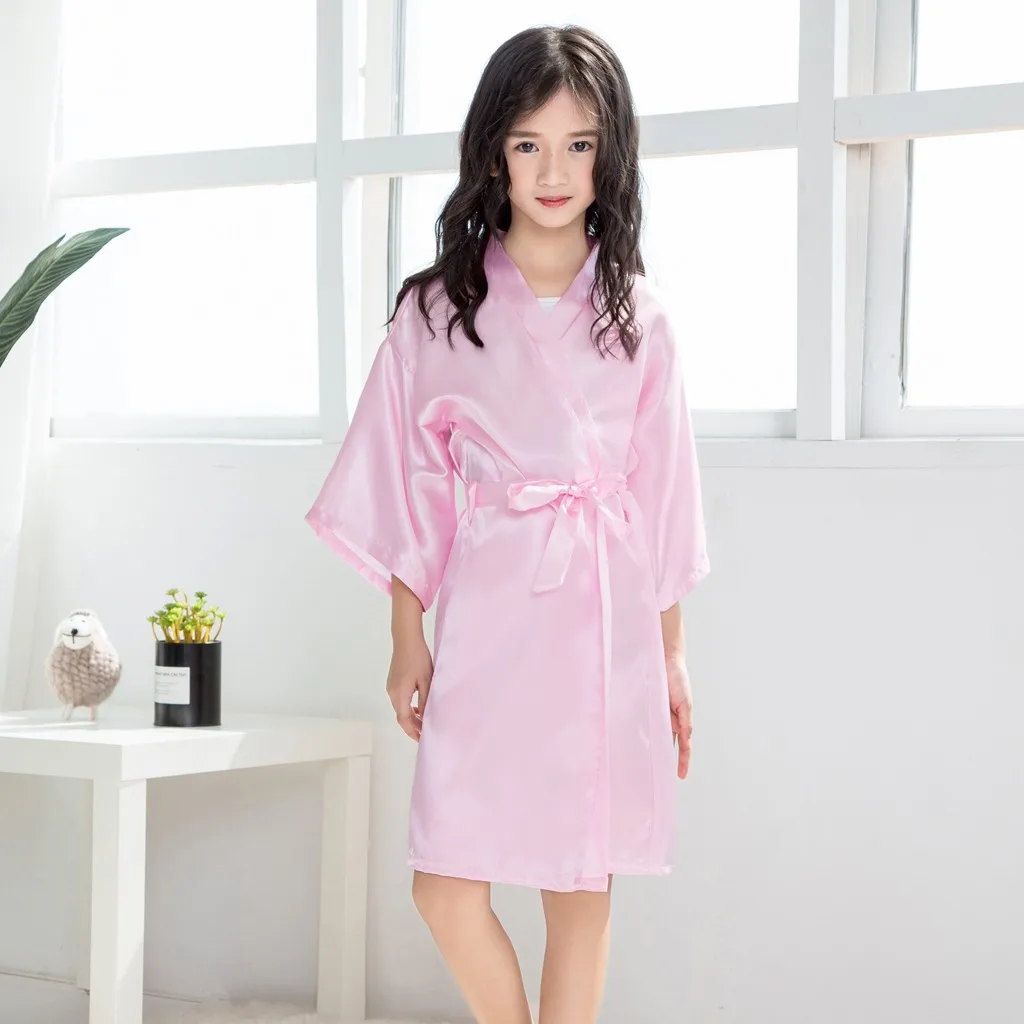 Casual Solid Infant Children Girls Summer Robes Toddler Baby Kids Girls Solid Silk Satin Kimono Robes Bathrobe Sleepwear Clothes