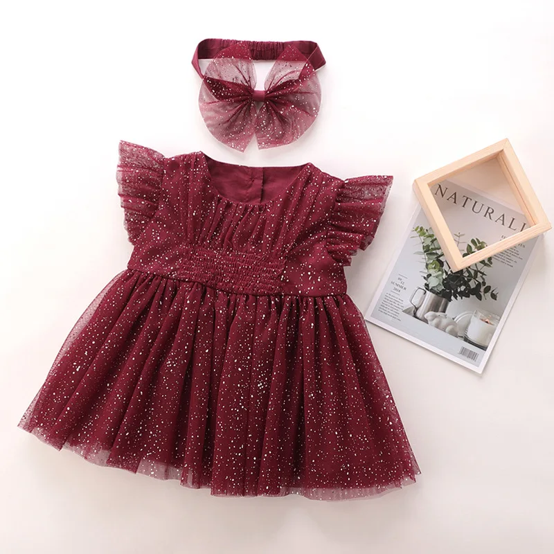 baby Girls clothes for princess party birthday summer puff sleeve sequined girls dress with hairband Kids Clothes 0-2T red | Детская
