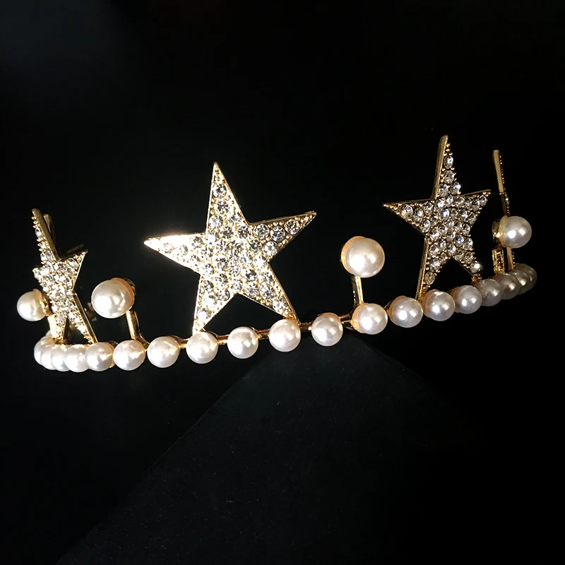 Himstory Fashion Gold Tiara Crown Crystal Pearl Headband Bridal Wedding Hair Jewelry Star Women Party Headpiece | Украшения и