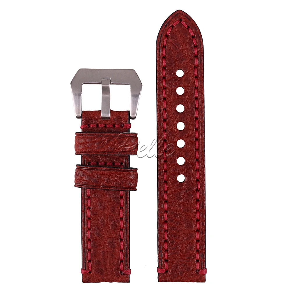 Pelle 22mm Red Vegetable Tanned Cowhide Leather Strap Silver Buckle Genuine Calfskin | Наручные часы