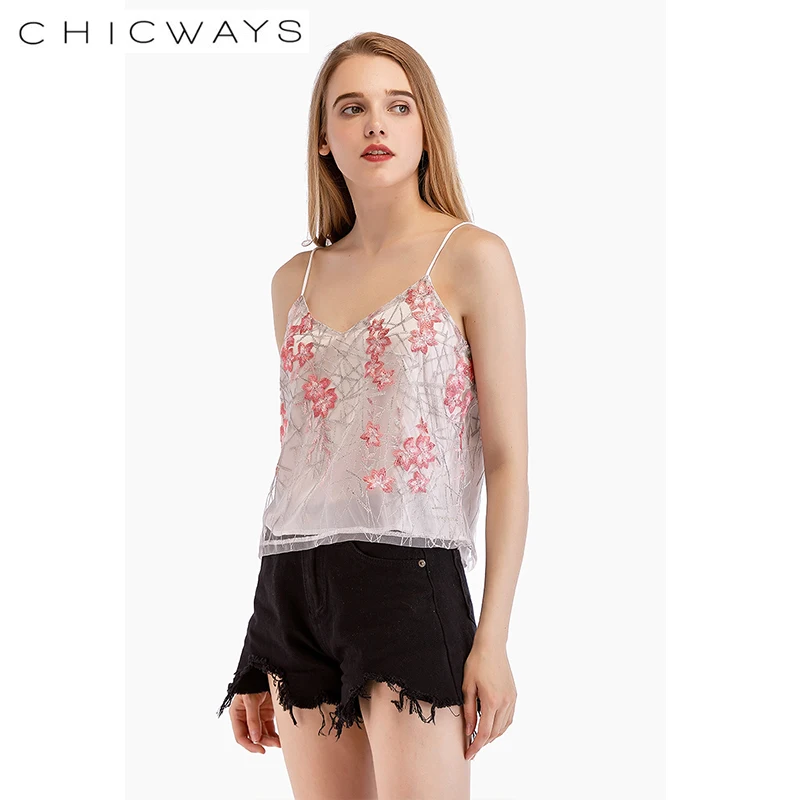 CHICWAYS Fashion heavy Lace Embroidered Flower Tops Women Strap Mesh Camis Bauhinia Beach V-neck Short Vest Loose Tank Top | Женская