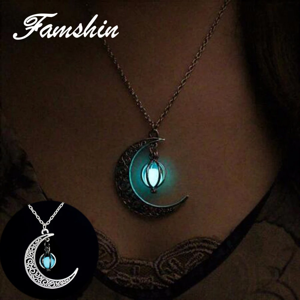 FAMSHIN 4 цвета модные женские ожерелья с камнями светящаяся луна подвески