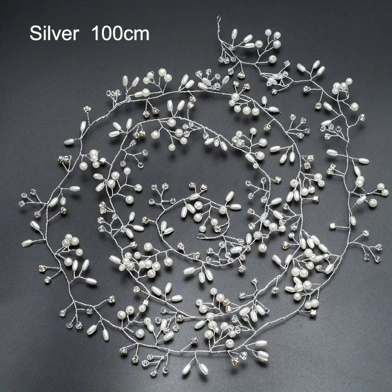 Silver 100cm Женская свадебная повязка для волос с искусственным жемчугом, гирлянда, Цветочная повязка на голову CX17 - Окраска металла: Silver 100cm