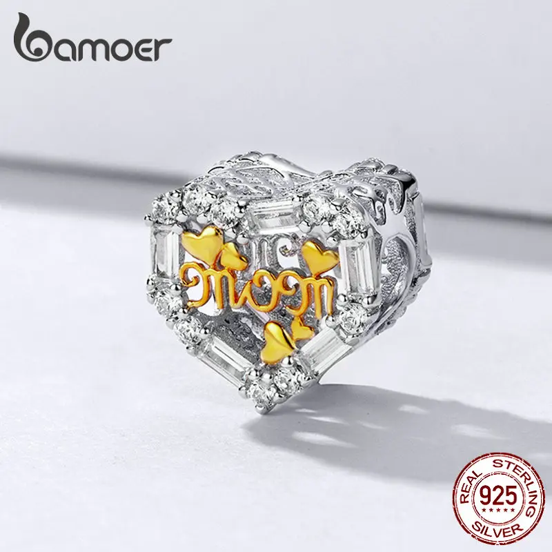 BAMOER сердце амулеты для браслета 925 пробы серебро, мама День матери Подарки Золотой цвет металлические бусины для шарма Браслеты SCC1163