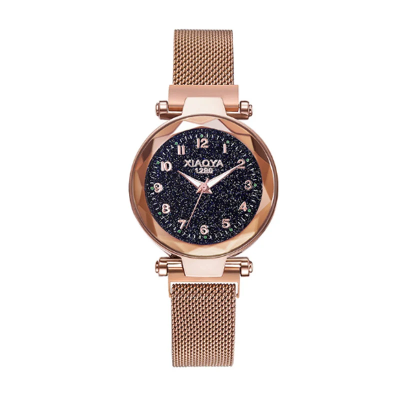 Rose gold Женские часы модные дикие Звездные небесные цифры Милан магнитная пряжка Роскошные модные женские Геометрические римские цифры Кварцевые часы - Цвет: Rose gold