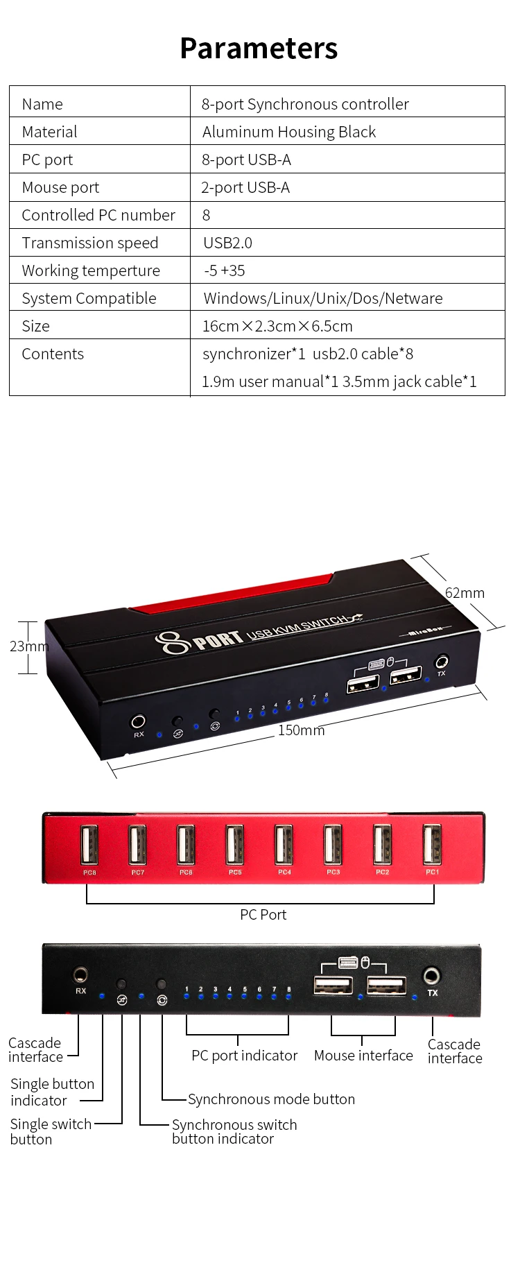 Usb-коммутатор 8-портовый, kvm-коммутатор 8-портовый синхронный контроллер с 8 комплектами кабелей, 1 клавиатура и мышь управление до 8 компьютеров