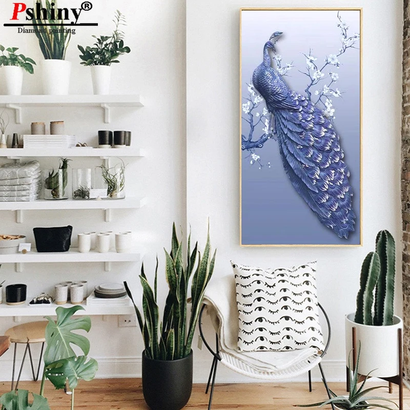 PSHINY DIY 5D Вышивка с бриллиантами картины изображением павлина из кристаллов