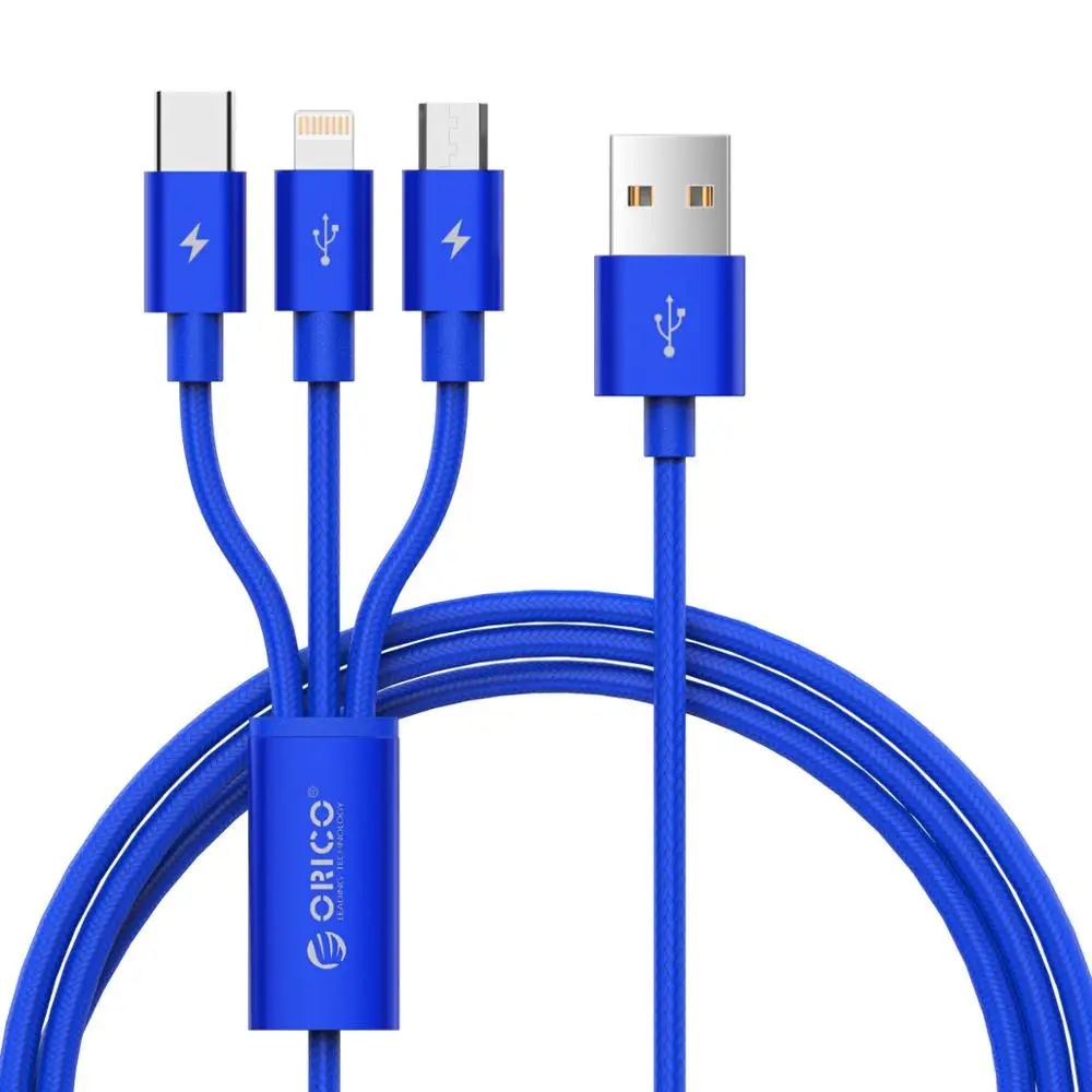 ORICO USB кабель 3 в 1 для iPhone X 5 6 7 8 кабель для мобильного телефона 2 в 1 Тип C Micro USB кабель для зарядное устройство для андроида кабель - Цвет: Синий