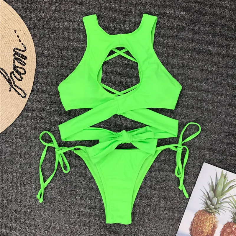 Бикини Bikinx неоново зеленый купальник с перекрестными ремешками сексуальный
