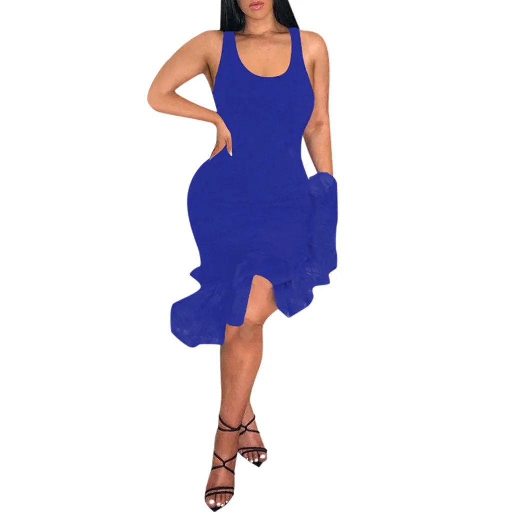 Модное женское однотонное повседневное облегающее платье без рукавов с круглым