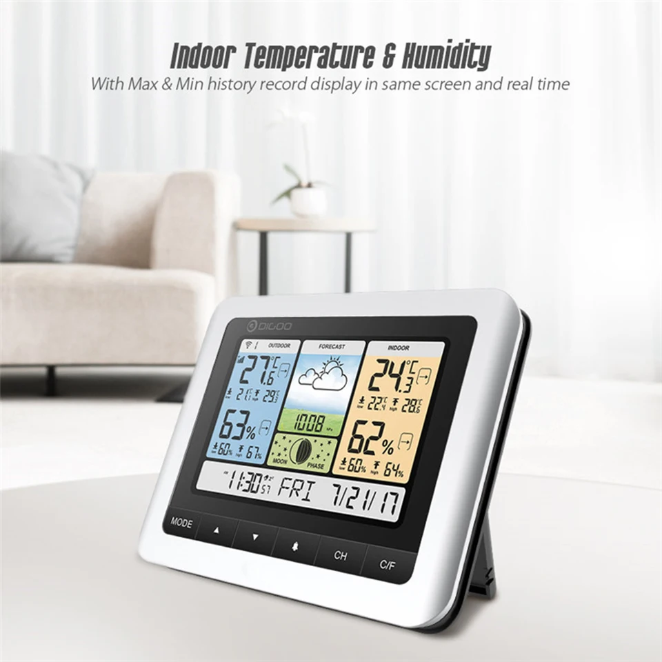 Digoo DG-TH8888 открытый Метеостанция Часы+ Датчик погоды USB беспроводной цифровой термометр измеритель влажности 3CH Луна фраза