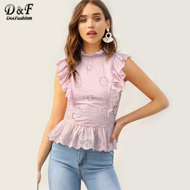 Dotfashion/розовые женские летние топы с рюшами, вышивкой и баской; коллекция года; летняя облегающая блузка без рукавов в Корейском стиле