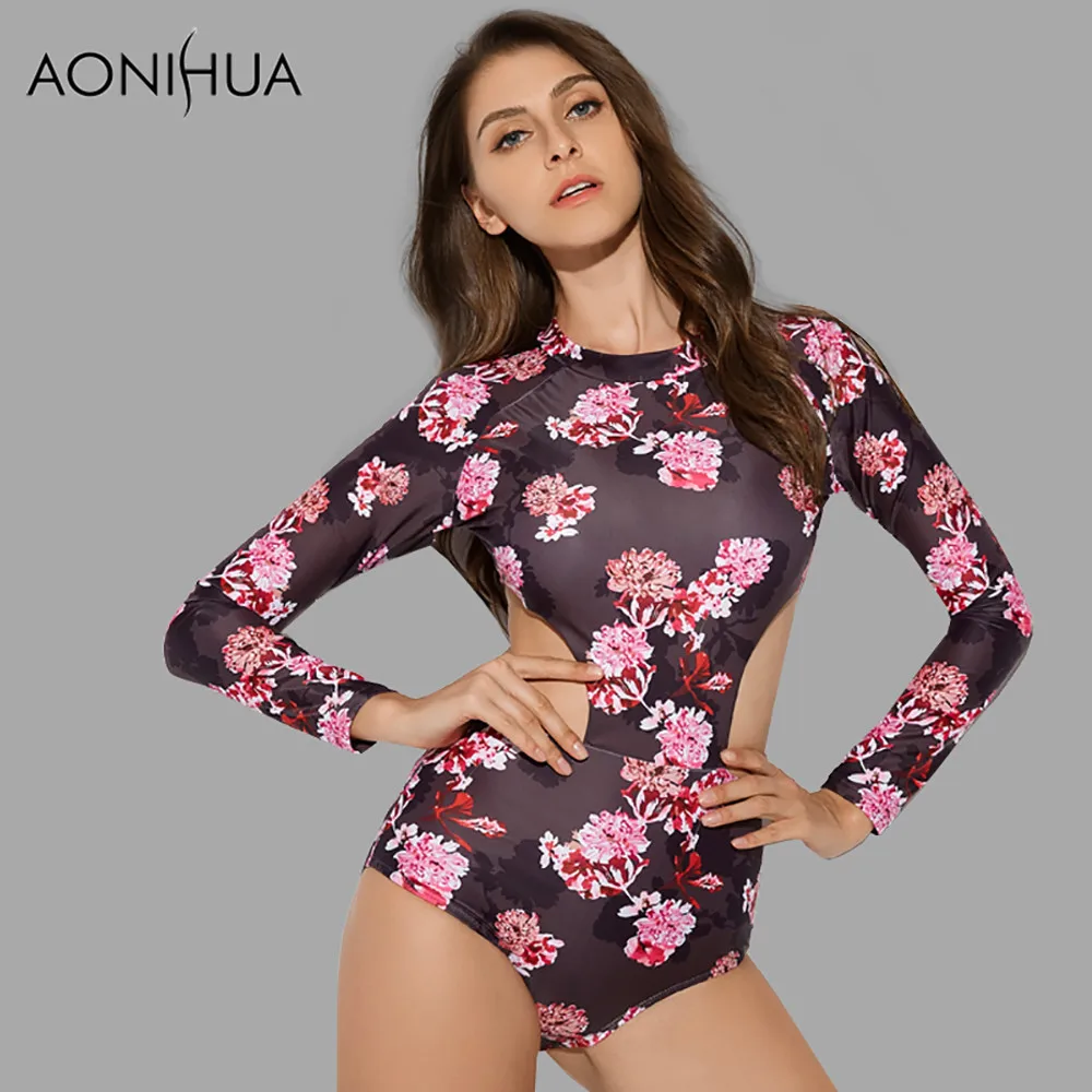 AONIHUA Талия Полые Одна деталь купальники Для женщин с цветочным принтом пуш-ап купальники женский с длинным рукавом плавательный костюм 9001