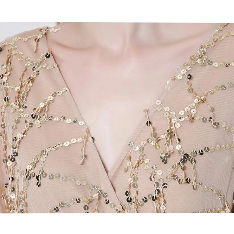 Женское винтажное платье с V образным вырезом короткое Сетчатое блестками и