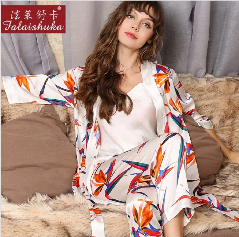 Pajama Sets Women Silk Home Wear Sexy Flower Print Three Piece Set Woman 2019 Summer 100% Silk Stain Pajamas Set Sleepwear