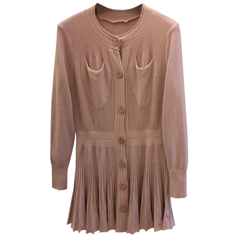 

2019 Autumn Winter Long Sleeve Knitted Dress Round Collar Women's Spring Pure Color Slim Waist Single-breasted Sweater Dress