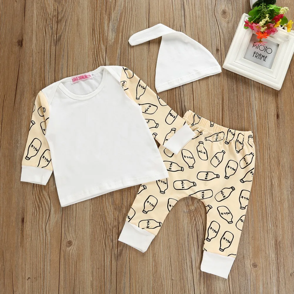 New 2019 Autumn Newborn Clothes Baby Boy Girl Milk bottle Long Sleeve T-shirt+pants +Hat 3Pcs girl Suit | Детская одежда и обувь