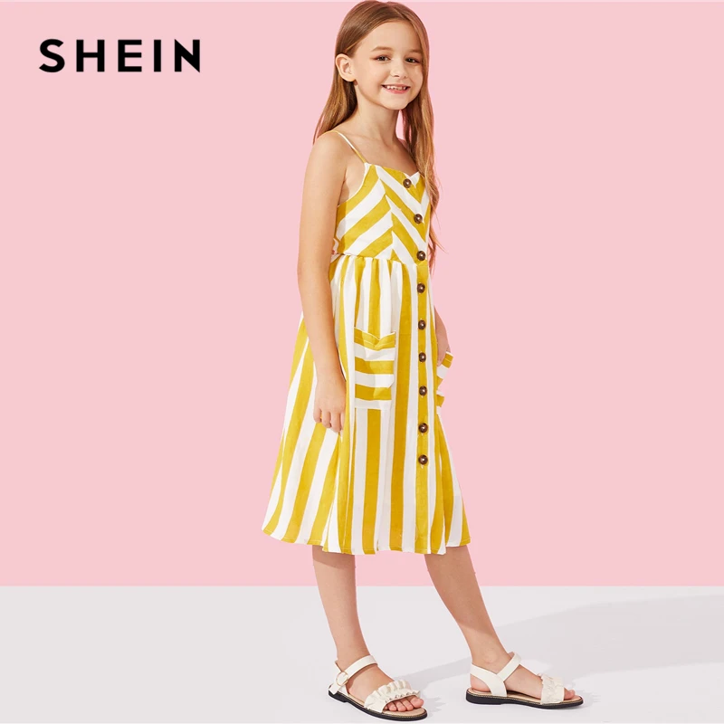 SHEIN/детское желтое Полосатое платье-комбинация на пуговицах для мамы и детей; коллекция года; Летние повседневные платья без рукавов с карманами для мамы и дочки