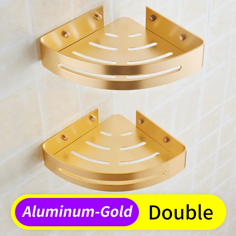 Gold-Double Bathroom Shelf Black Aluminum Corner Storage Holder Shelves Bathroom Accessories Shower Caddy Rack Wall Mounted Shampoo Basket - Цвет: Gold-Double
