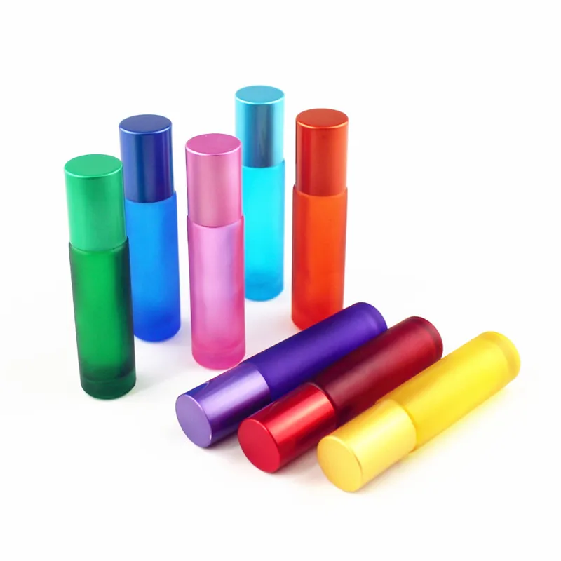 

5 colors/set Refillable Essential Oil Perfume Bottles Portable Travel 10ml Frosted Colorful Thick Glass Roller Ball Bottle