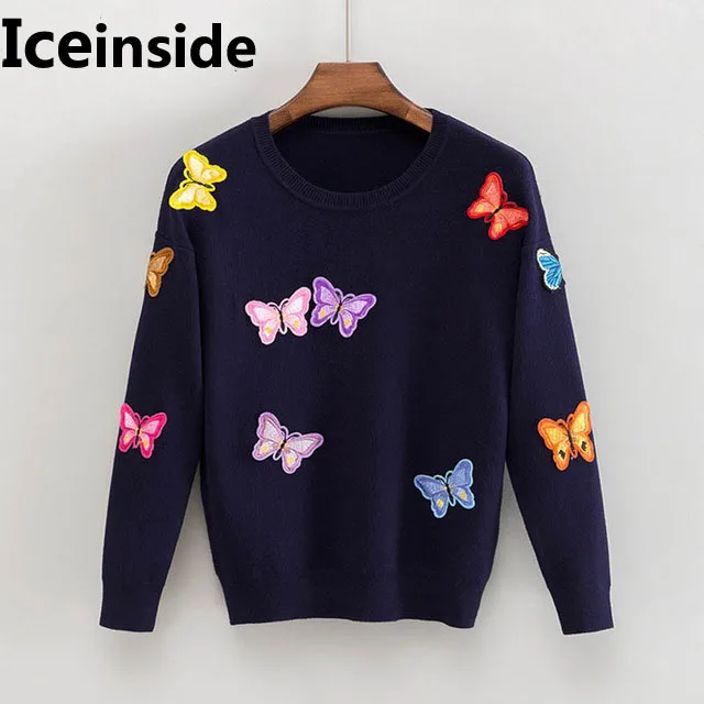 Iceinside, корейский женский вязаный пуловер с вышивкой, свитер, женский свитер с бабочками и цветами, Женский трикотажный джемпер, топы