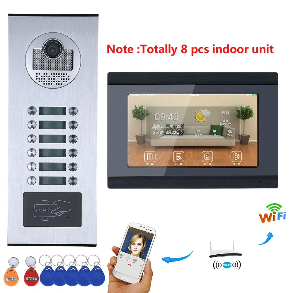 

7inch Record Wired Wifi 8/9/10/11/12 Apartment/Family Video Door Phone Intercom System RFID IR-CUT HD 1000TVL Camera with 12 but